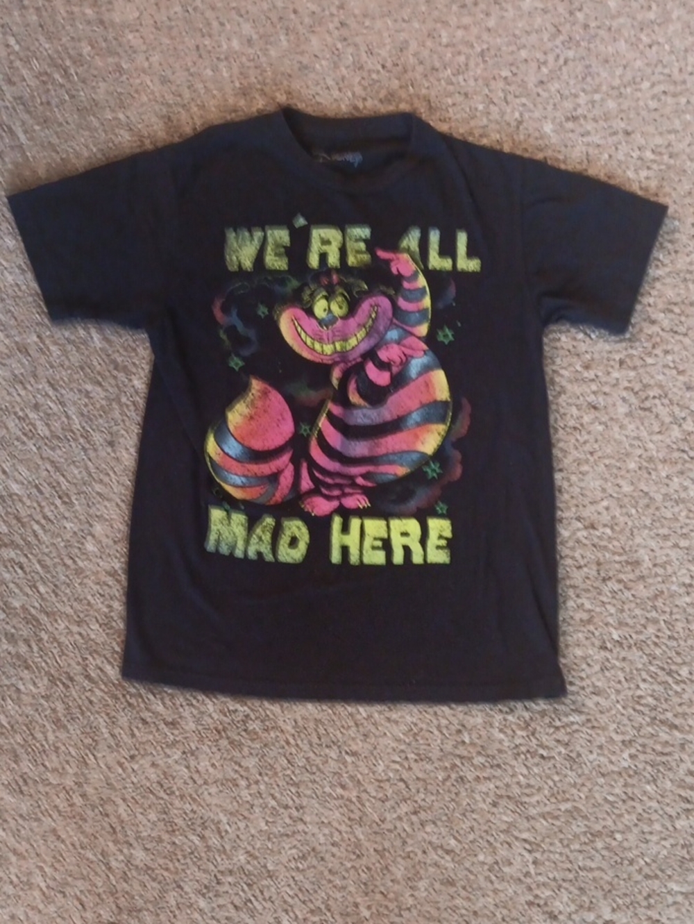 Disney Black Tee with Neon Pink and Yellow Cheshire Cat Graphic